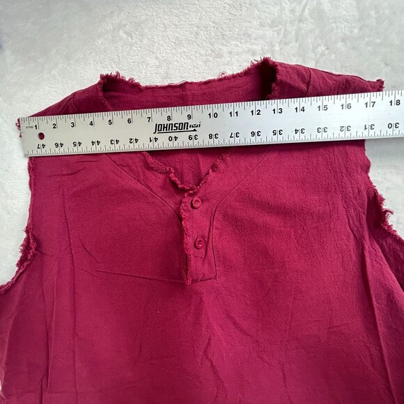 Women's Sleeveless Cotton Flax Blend Top Medium Red Raw Trim Button Neck Casual - Picture 5 of 7